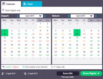 Calendar view of flight prices from London to Copenhagen