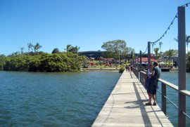 The Oyster Shed and Sandstone Point Hotel seen from the pier